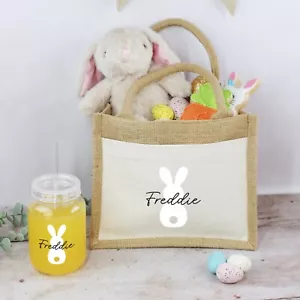 Borsa personalizzata in iuta pasquale con borsa da caccia all'uovo di Pasqua abbinata e paglia - Foto 1 di 21