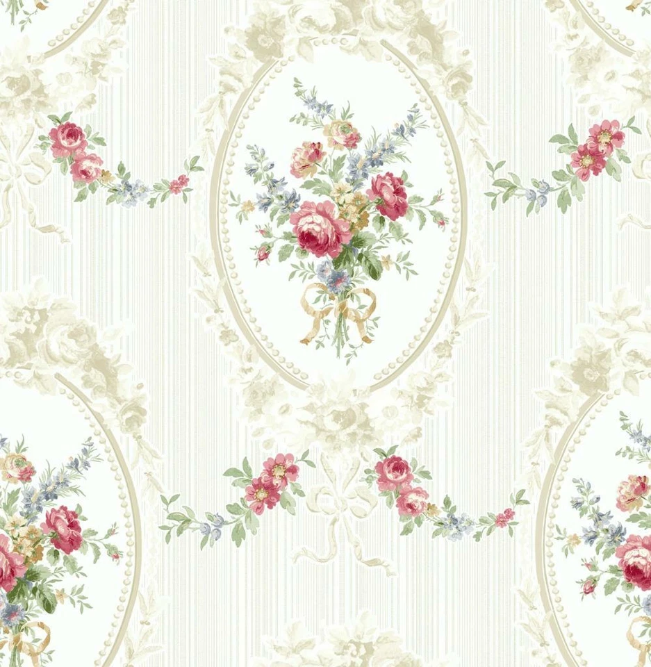 Wallpaper Red Pink Blue Green Taupe Cameo Floral Swag Bouquet  56 sq ft / bolt - Image 1 of 1