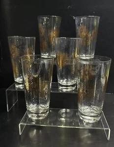 Gold Black Atomic Collins Cocktail Glasses Starburst MCM Barware Set Of 6 - Picture 1 of 2
