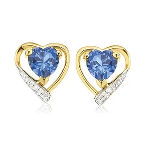 Zamel's 9ct Yellow Gold Round Cut Blue Sapphire & Diamond Set Heart Stud - Picture 1 of 1