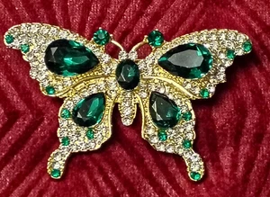 Green Rhinestone Gold Colored Butterfly Brooch Insect Lapel Sweater Pin Jewelry - Picture 1 of 2
