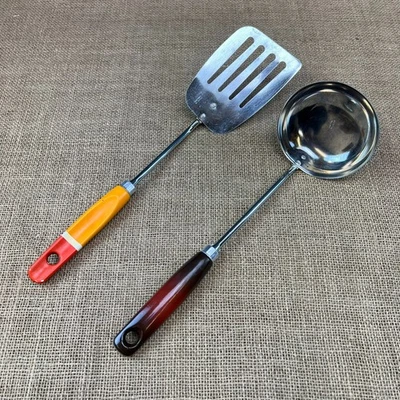 2 X VINTAGE 1970s PRESTIGE KITCHEN UTENSILS RED YELLOW HANDLES LADLE SPATULA - Image 1 of 4