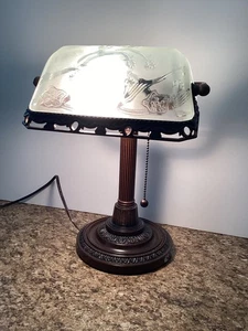 Bronze Bankers Desk Lamp Vintage Tilting Frost Etched Glass Shade 15” Tall - Picture 1 of 5