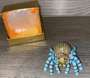 Gold Blue Enameled and Bejeweled Spider Trinket Pill Box - Picture 1 of 5
