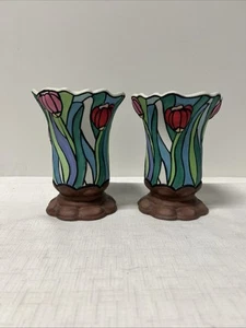 2Pc Fluted Tulip Vase Transfer Inc Ceramic Tabletop 6” Floral - Picture 1 of 7