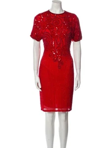 Vestido Vaina De Colección Oleg Cassini Rojo Seda Con Cuentas Talla 4 Elegante - Imagen 1 de 12