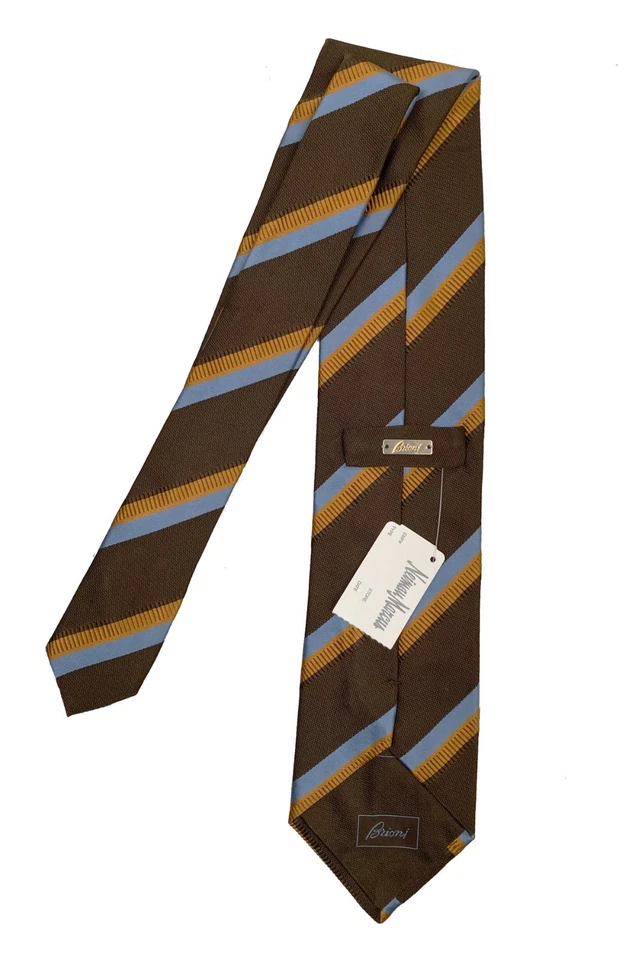 ¡Nueva corbata de seda Brioni!  Marrón con rayas azul claro y naranja óxido Italia Foto 1 de 1
