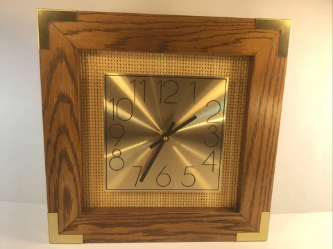Vintage Mid Century Modern Linden Solid Wood Brass Wall Clock NICE Cover
