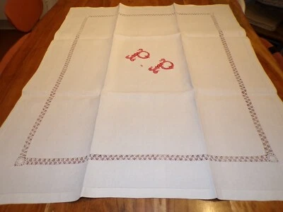 Linge ancien Centre de table ou petite nappe en lin avec monogramme PP  rouge - Photo 1/4