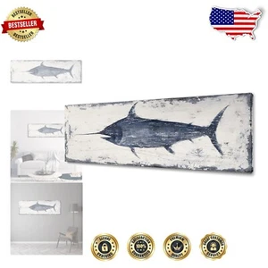 Gallery-Wrapped Coastal Artwork with 3D Swordfish Design – Ready to Hang Decor - Picture 1 of 10
