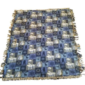  Cabin Decor Throw Felt 52x60 Blue Gray Moose Bear Trees Fringe Couch Bed Woods - Picture 1 of 6