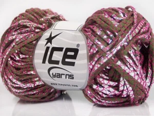 Cotone Argento Ice #62652 Khaki Pink Silver Cotton Metallic Lurex Bl Ribbon Yarn - Picture 1 of 9