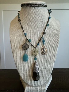 Silpada 925 Blue Aqua & Smokey Quartz Gemstone & Charm Necklace, 38" Boho - Picture 1 of 6