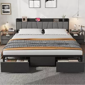 King Size Bed Frame Headboard Platform w/2 Storage Drawers and Charging Station - Picture 1 of 7