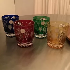 4 Bicchieri Highball Ungherese Taglio a Trasparente Cristallo Colorato Taglio a Mano 24% Piombo - Foto 1 di 15