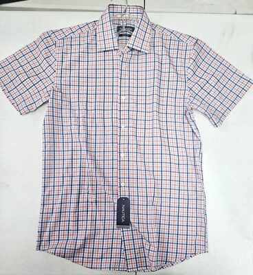 NEW Men XL 17-17 1/2 Nautica Performance Navy Orange Plaid Slim-Fit Button Up - Image 1 of 4