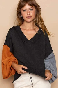 POL Exposed Seam Roll Edge Color Block V Neck Sweater - Picture 1 of 5