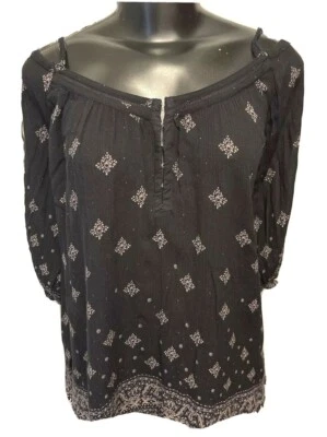 Medium Ecote Spaghetti Strap Off Shoulder Geometric Pattern Womens Top Black - Image 1 of 4