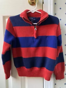 $85 Boys POLO RALPH LAUREN Half Zip Blue Striped Cotton POLO SWEATER Size 4 4T - Picture 1 of 22