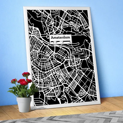 Amsterdam, Hand Drawn City Map Poster — Black White Modern Urban Art - Image 1 of 4