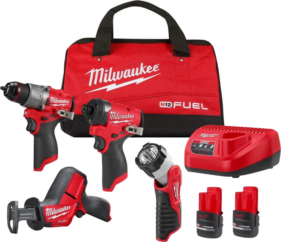 Milwaukee (4) Power Tool Combo Kit 12V Li-Ion Cordless w/ 2 Batteries + Charger - Image 1 of 1
