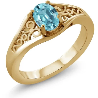 Anel de prata folheado a ouro amarelo 18K com zircão azul oval 0,75 quilates - Imagem 1 de 3