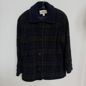 Talbots Navy Blue Hunter Green Checked Fuzzy Shacket Coat Women's Petite Medium - Picture 1 of 5