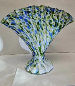 1960's Fenton Murrhina Aventurine Green Blue Ruffled Cased Art Glass Fan Vase 7" - Picture 1 of 24