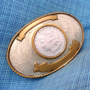 1889 Morgan Dollar Belt Buckle German Silver Vtg Comstock Silversmiths.Bowman#14 - Picture 1 of 15