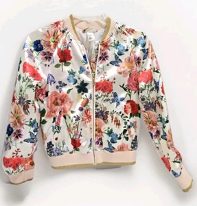 Nathalie Lete x H&M girls bomber jacket 10-11Y floral satin full zip Pink Gold - Picture 1 of 10