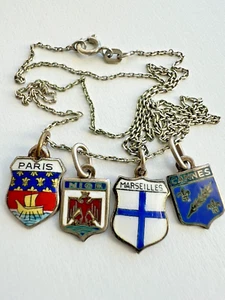 Vintage France Enamel Travel Shield 800 Silver Charm Necklace Paris 925 Chain - Imagen 1 de 15