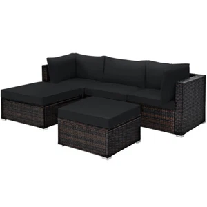 5PCS Patio Rattan Furniture Set Sectional Conversation Set Ottoman Table Black - Picture 1 of 12