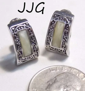 Vintage signierte JJG (Jonette) Clip-Ohrringe, elfenbeinfarben Acryl-Wirbel, verziertes ST-Trapez - Bild 1 von 3