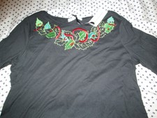 NEW MARIA CHRISTINA Holiday 3/4 Sleeve Top Black w/ Red & Green Embroidery Md
