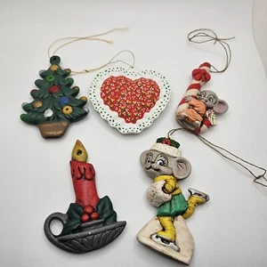 Ceramic Christmas Ornament Hand Painted Lot Of 5 Mouse Heart Tree  Candle 80s - Picture 1 of 7