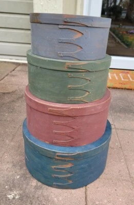 Primitive Wooden Round Shaker Boxes 4 Box Set Painted Copper Nail Rare  - Image 1 of 4