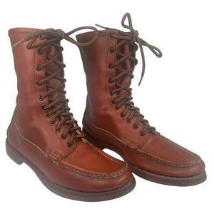 Vintage W.C. Russell Moccasin Lace-Up Brown Leather Hunting Boots Womens 7-1/2 B - Picture 1 of 14