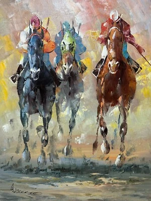 Anthony Veccio Dynamic Trifecta Horse Racing Oil Painting Exciting Mid Century - Image 1 of 4