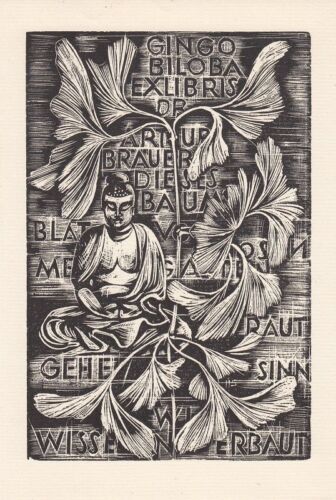 Exlibris Bookplate Gravure sur Bois Hans Schulze 1904-1982 Bouddha Gingko