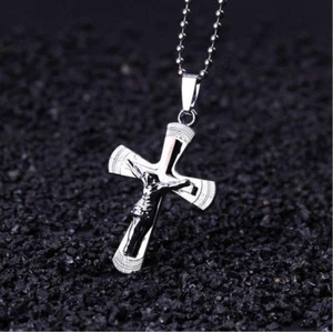 CROSS JESUS 3D CRUCIFIX BIBLE pendant SILVER 20" necklace men female FREE BOX - Picture 1 of 6