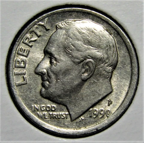 1990 P US Roosevelt Dime 10 Cents Coin - Off Center Rim Obverse Cover