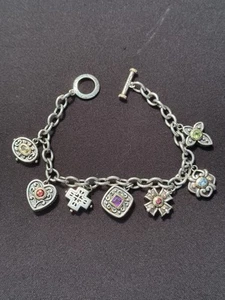 Vintage 14K Gold 925 Silver Gemstones Rolo Toggle Line w Cabochons Bracelet - Picture 1 of 5
