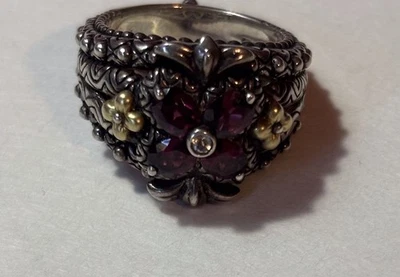 Anillo Barbara Bixby Plata de Ley Oro Amarillo 18k Rodolita Granate Flor 8 Foto 1 de 4