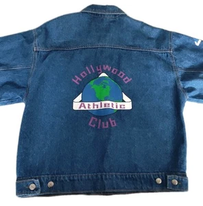 Vtg HOLLYWOOD ATHLETIC CLUB Made In USA Denim Jean Jacket Size L 1924 Sunset Bld - Picture 1 of 19