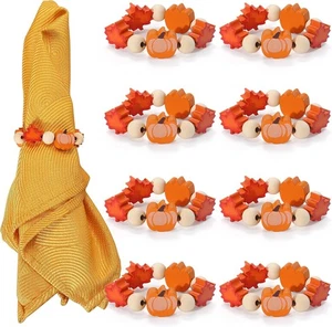 8PCS Fall Napkin Rings Thanksgiving Pumpkin & Maple Leaf Table Decor Wooden - Picture 1 of 5