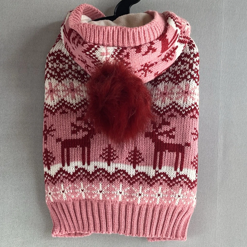 Cynthia Rowley Dog Pom Hooded Holiday Sweater Pink White Red Reindeer Size XS - Image 1 of 4
