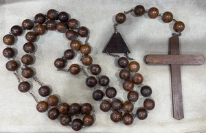 Vintage XL großer Perlen Wand Rosenkranz, Naturholz Kreuz, Kupfer Kette. Bilder ansehen - Bild 1 von 6