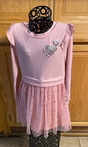 Three Pink Hearts Girls Dress - Size S Knee Length Pink Long Sleeve Girls Dress - Picture 1 of 9