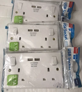 Paquete de 3 BG 13A Doble Zócalo Conmutado con 2 X USB INTELIGENTE (3.1A Total) Blanco - Imagen 1 de 2