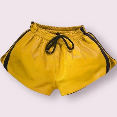 Pantalones Cortos de Cuero AMARILLO Para Hombre Cuero de Cordero Genuino Pantalones Cortos Estilo Gay Foto 1 de 3